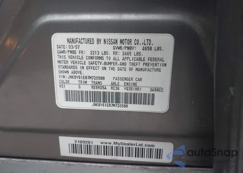 2007 Infiniti G35 Journey from USA, damaged, VIN JNKBV61E87M720588